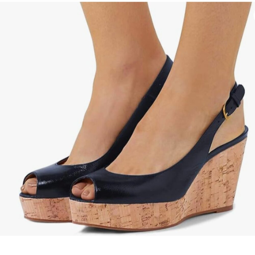 FSJ Navy Peep Toe High Heel Wedge Sandals Slip on Cork Slingback Platform Pumps